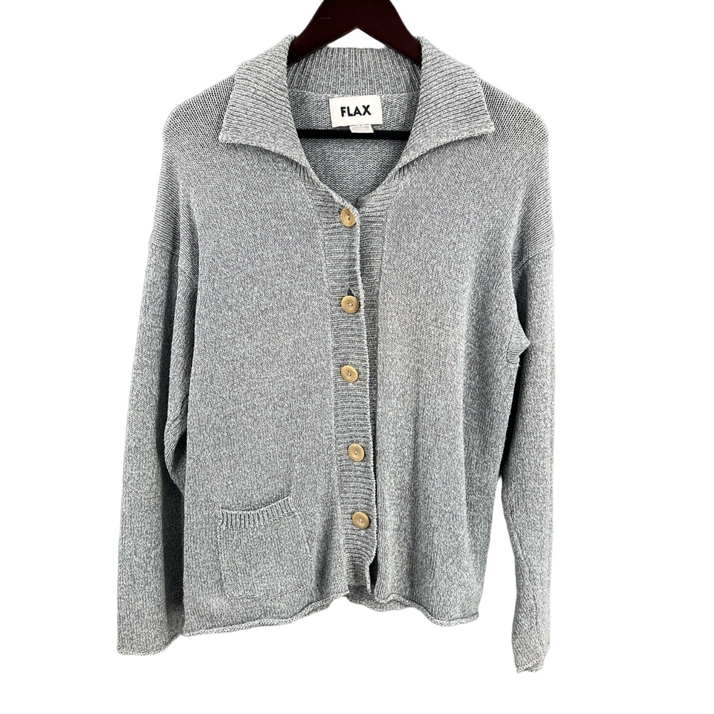 Flax Cardigan Sweater Gray Button Front Relaxed Neutral Lightweight‎ Pocket S/M